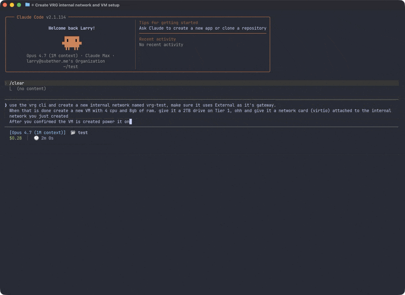 Claude Code using vrg commands autonomously, discovering and chaining operations from help text alone